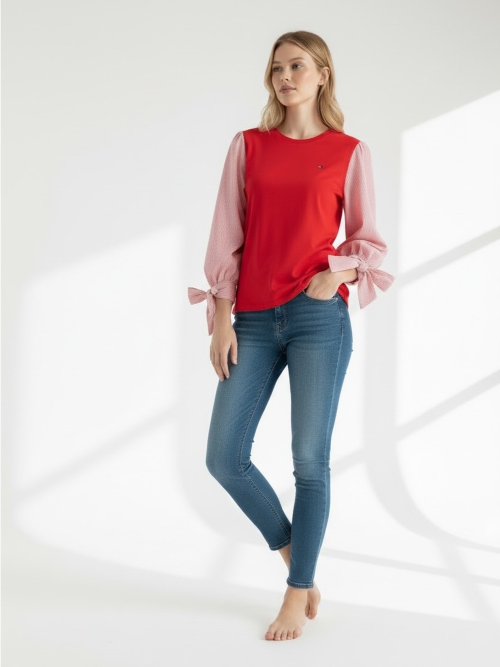 Tommy Hilfiger Red Top with Red Stripped Balloon Sleeves